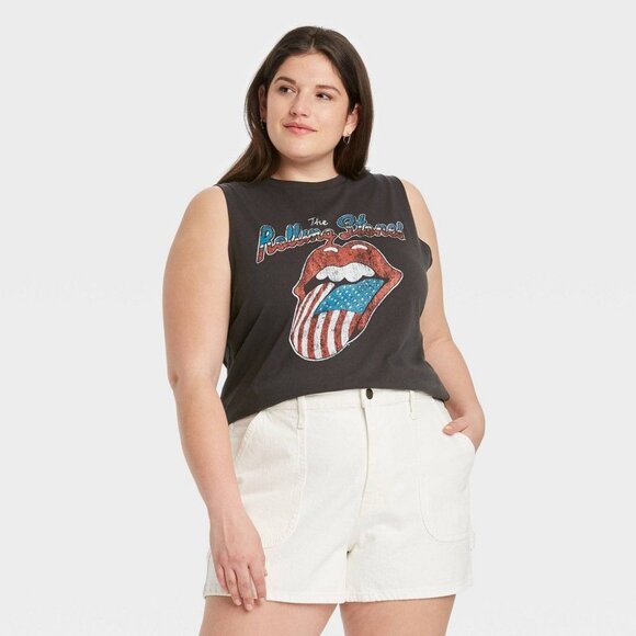 The Rolling Stones Women's Cropped Tank Top American Flag Logo Graphic Black 2X - Picture 6 of 10